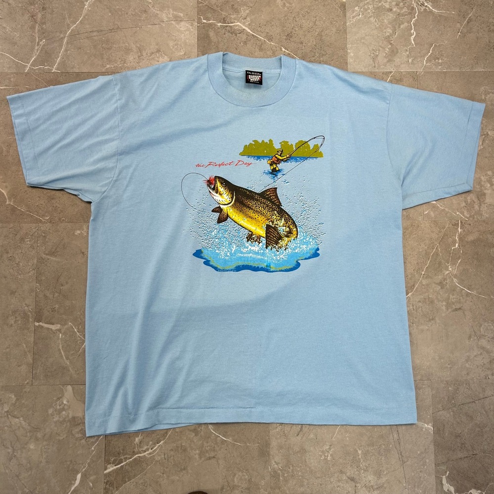 80s Vintage Fishing Graphic Tee Mens 2XL Short Sleeve Angler Fly Shirt Blue
